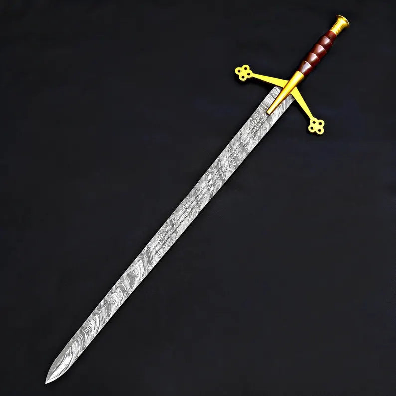 Handmade Damascus Steel Fantasy Sword – Gold Cross Guard with Leather Sheath