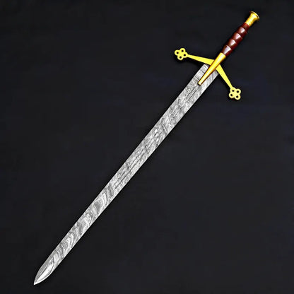 Handmade Damascus Steel Fantasy Sword – Gold Cross Guard with Leather Sheath