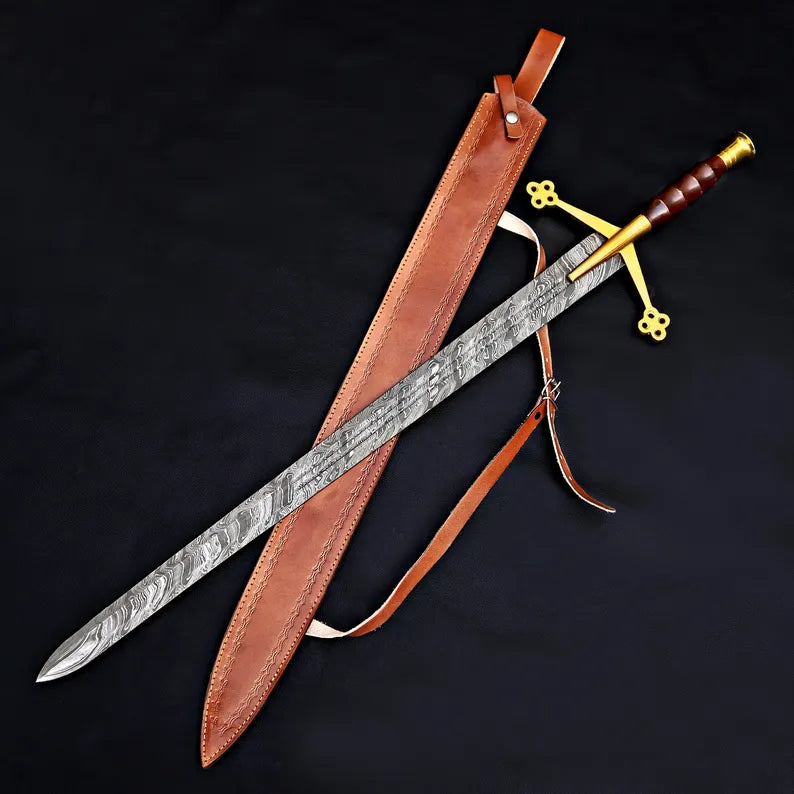 Handmade Damascus Steel Fantasy Sword – Gold Cross Guard with Leather Sheath