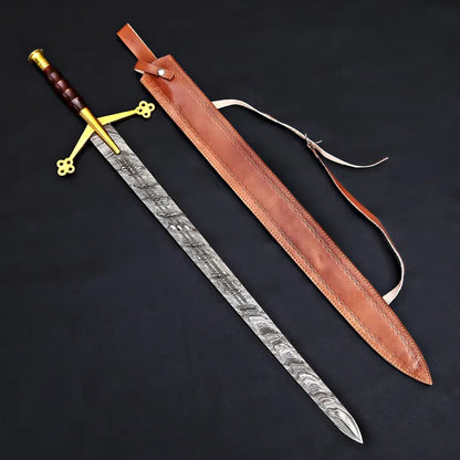 Handmade Damascus Steel Fantasy Sword – Gold Cross Guard with Leather Sheath