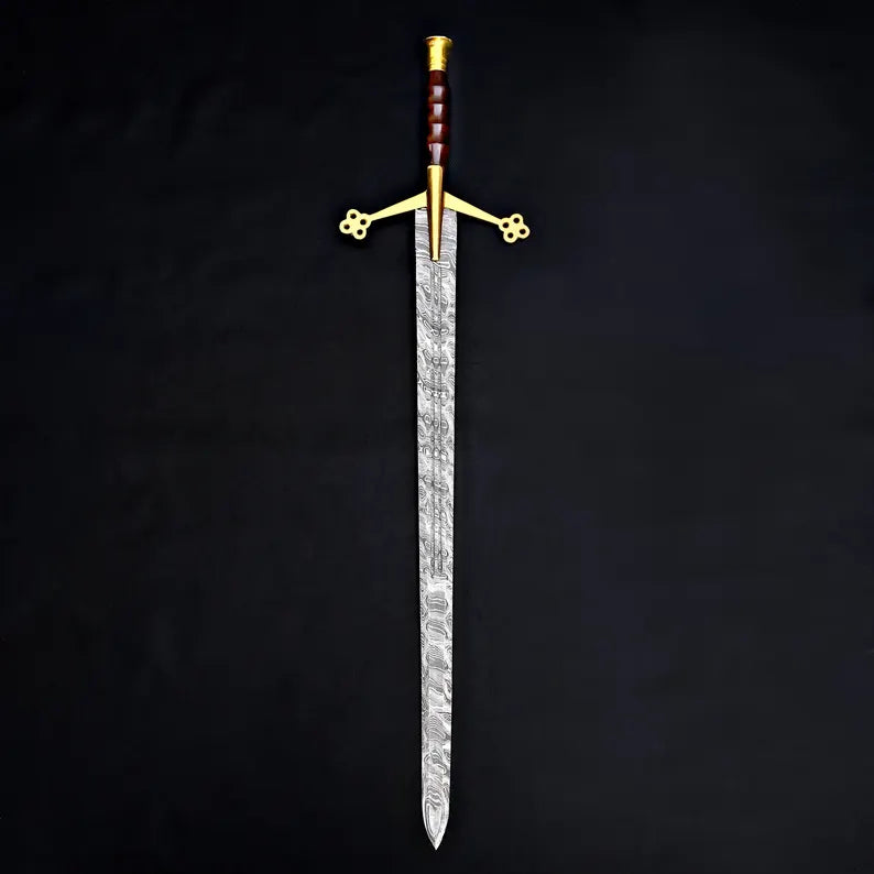 Handmade Damascus Steel Fantasy Sword – Gold Cross Guard with Leather Sheath