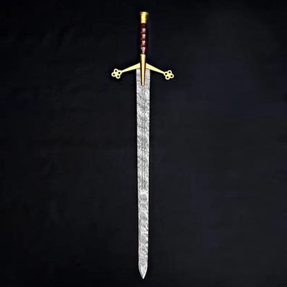 Handmade Damascus Steel Fantasy Sword – Gold Cross Guard with Leather Sheath