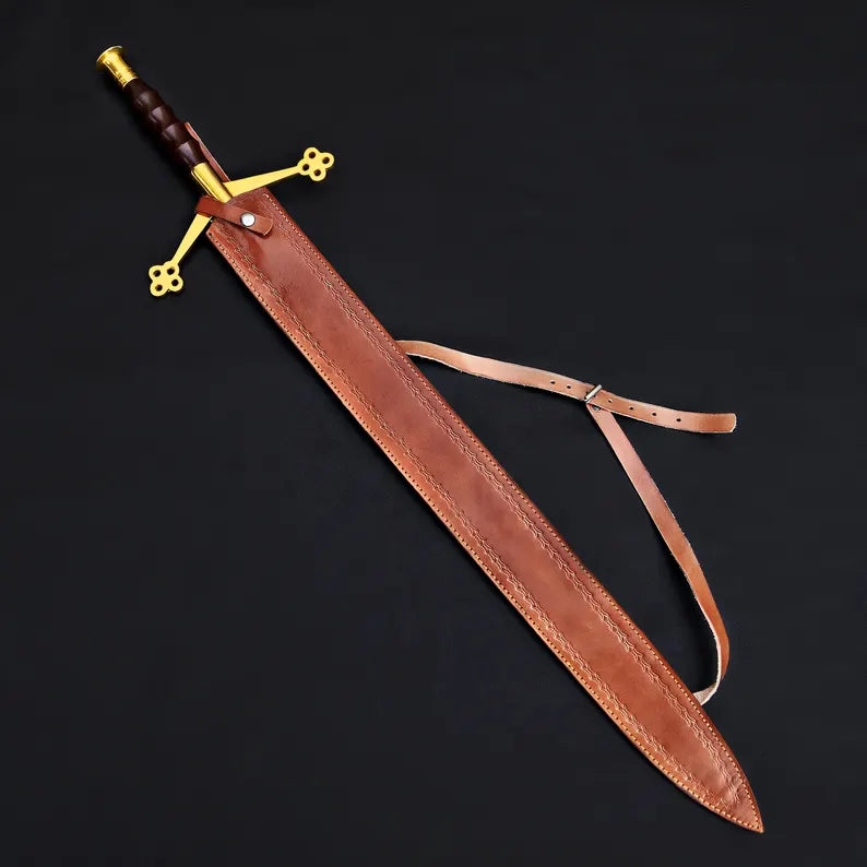 Handmade Damascus Steel Fantasy Sword – Gold Cross Guard with Leather Sheath