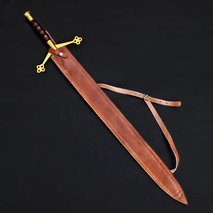 Handmade Damascus Steel Fantasy Sword – Gold Cross Guard with Leather Sheath