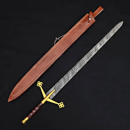Handmade Damascus Steel Fantasy Sword – Gold Cross Guard with Leather Sheath