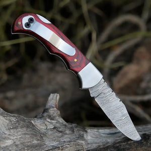 Handmade Damascus Steel Hunting Folding Knife with Pocket Clip - Camping Folding Blade With Wood Handle - Arham Cutlery