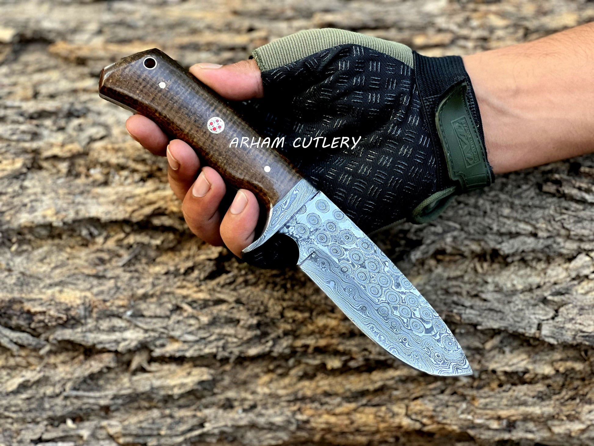 Handmade Damascus steel hunting knife with micarta handle, Damascus guard, and leather sheath by Arham Cutlery