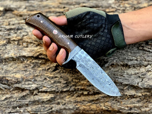 Handmade Damascus steel hunting knife with micarta handle, Damascus guard, and leather sheath by Arham Cutlery