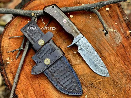 Handmade Damascus steel hunting knife with micarta handle, Damascus guard, and leather sheath by Arham Cutlery