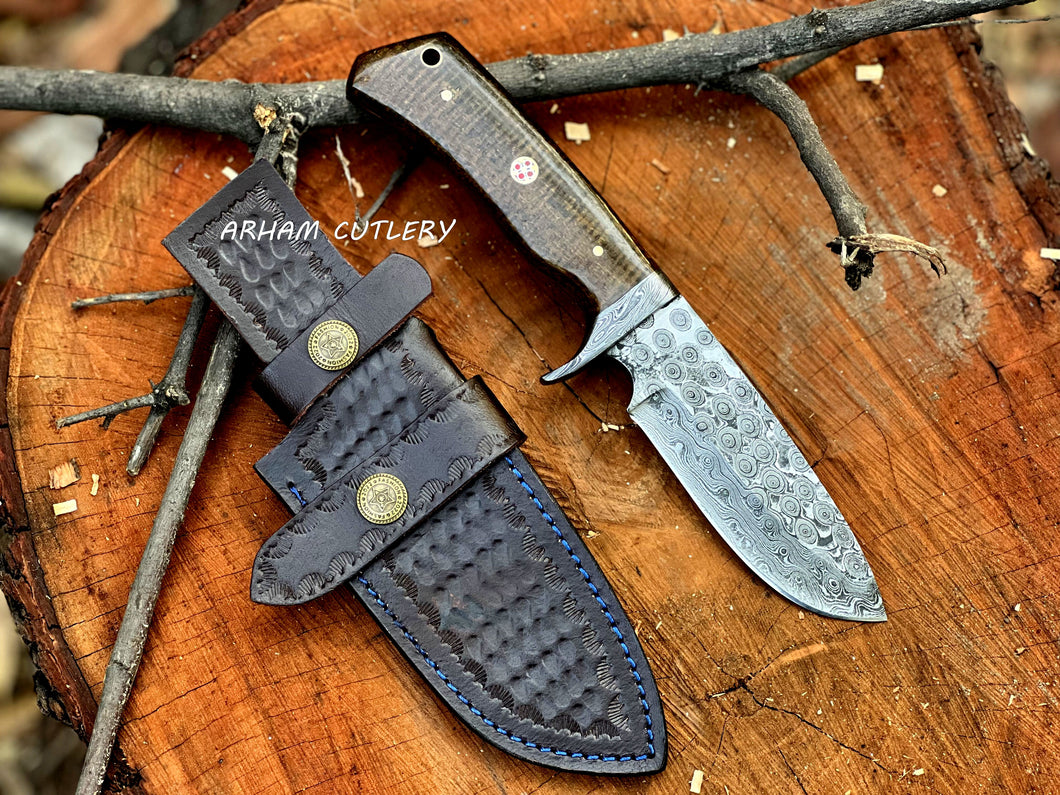 Handmade Damascus steel hunting knife with micarta handle, Damascus guard, and leather sheath by Arham Cutlery