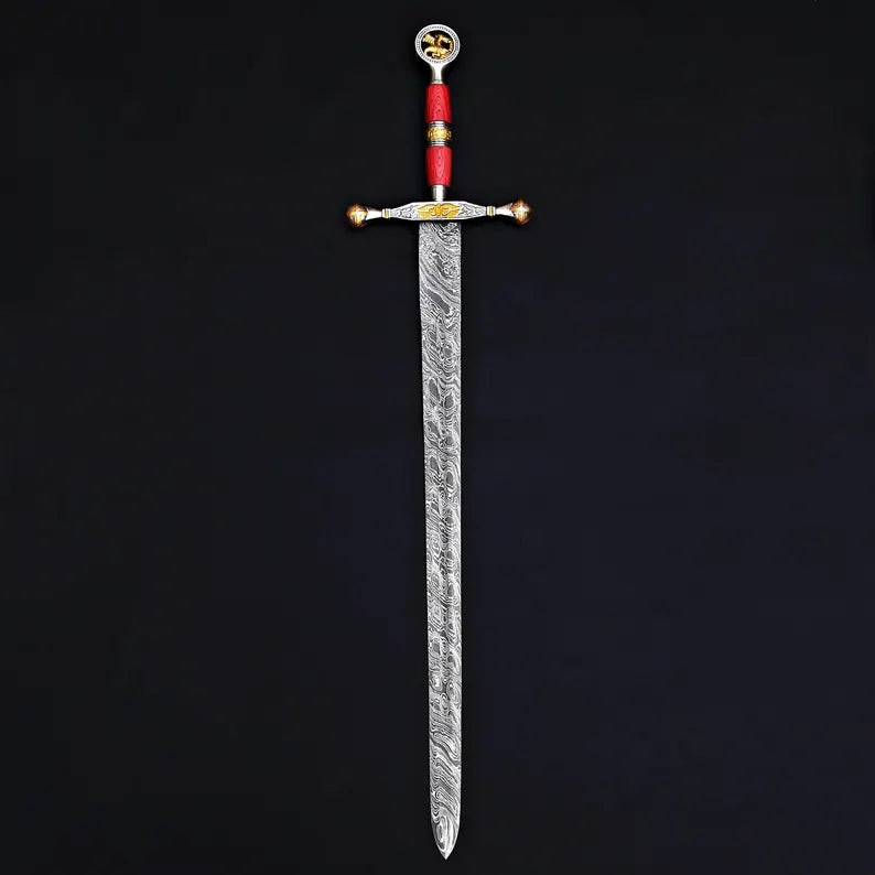 Handmade Damascus Steel Warrior Sword – Etched Blade with Gold Guard & Leather Sheath