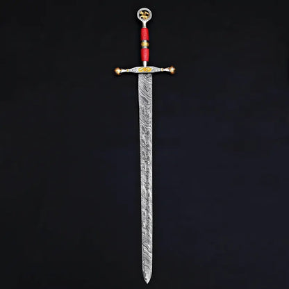 Handmade Damascus Steel Warrior Sword – Etched Blade with Gold Guard & Leather Sheath