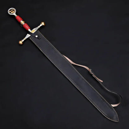 Handmade Damascus Steel Warrior Sword – Etched Blade with Gold Guard & Leather Sheath