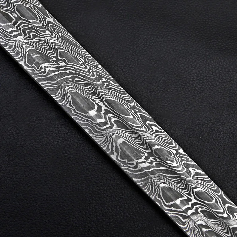 Handmade Damascus Steel Warrior Sword – Etched Blade with Gold Guard & Leather Sheath