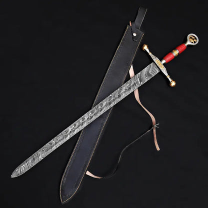 Handmade Damascus Steel Warrior Sword – Etched Blade with Gold Guard & Leather Sheath