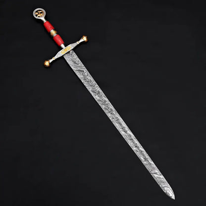 Handmade Damascus Steel Warrior Sword – Etched Blade with Gold Guard & Leather Sheath