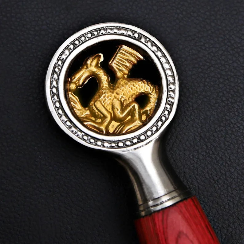 Handmade Damascus Steel Warrior Sword – Etched Blade with Gold Guard & Leather Sheath