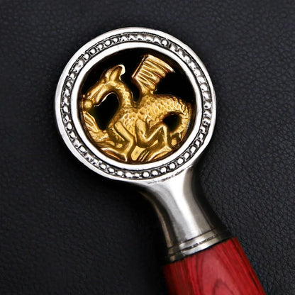 Handmade Damascus Steel Warrior Sword – Etched Blade with Gold Guard & Leather Sheath