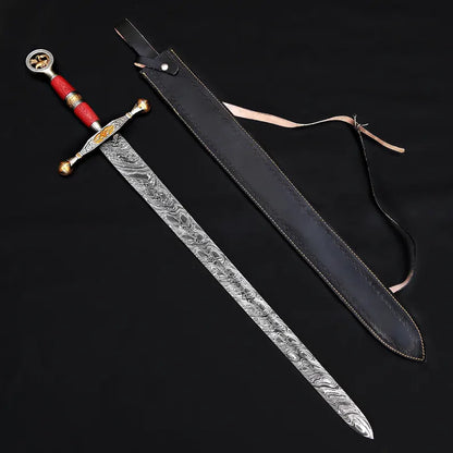 Handmade Damascus Steel Warrior Sword – Etched Blade with Gold Guard & Leather Sheath
