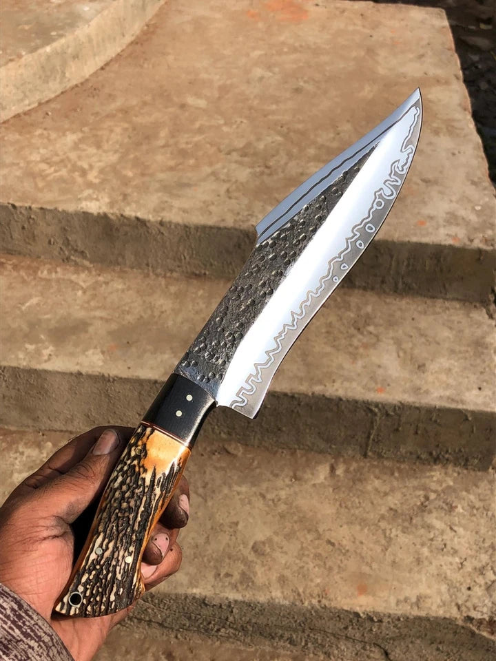 Handmade Damascus-Style Bowie Hunting Knife with Bone Handle & Leather Sheath | Arham Cutlery
