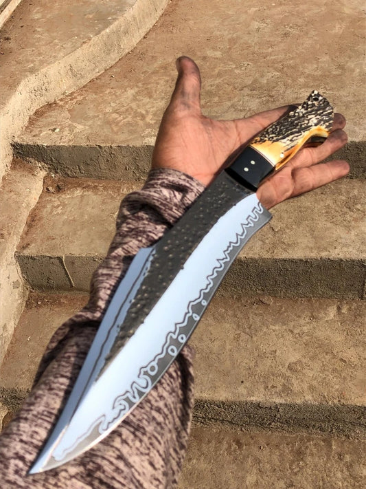 Handmade Damascus-Style Bowie Hunting Knife with Bone Handle & Leather Sheath | Arham Cutlery