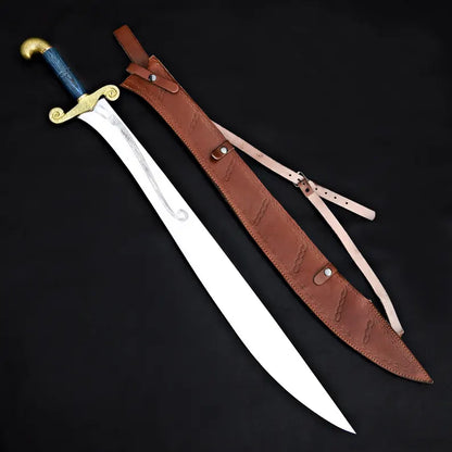 Handmade Fantasy Warrior Sword – Curved J2 Steel Blade with Brass Guard & Leather Sheath