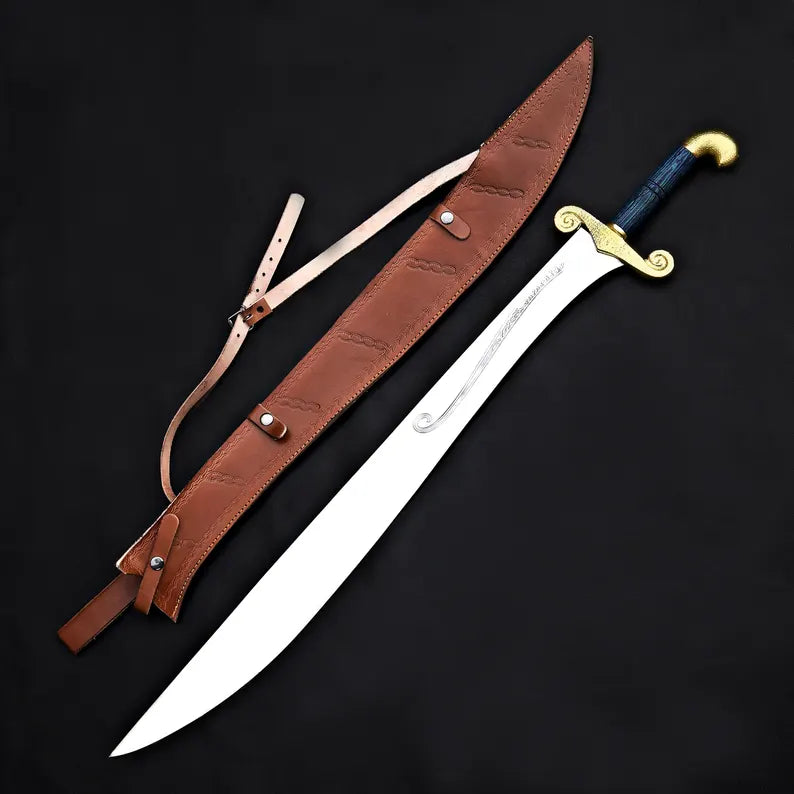 Handmade Fantasy Warrior Sword – Curved J2 Steel Blade with Brass Guard & Leather Sheath