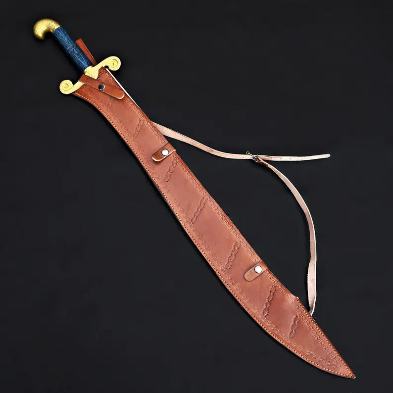 Handmade Fantasy Warrior Sword – Curved J2 Steel Blade with Brass Guard & Leather Sheath