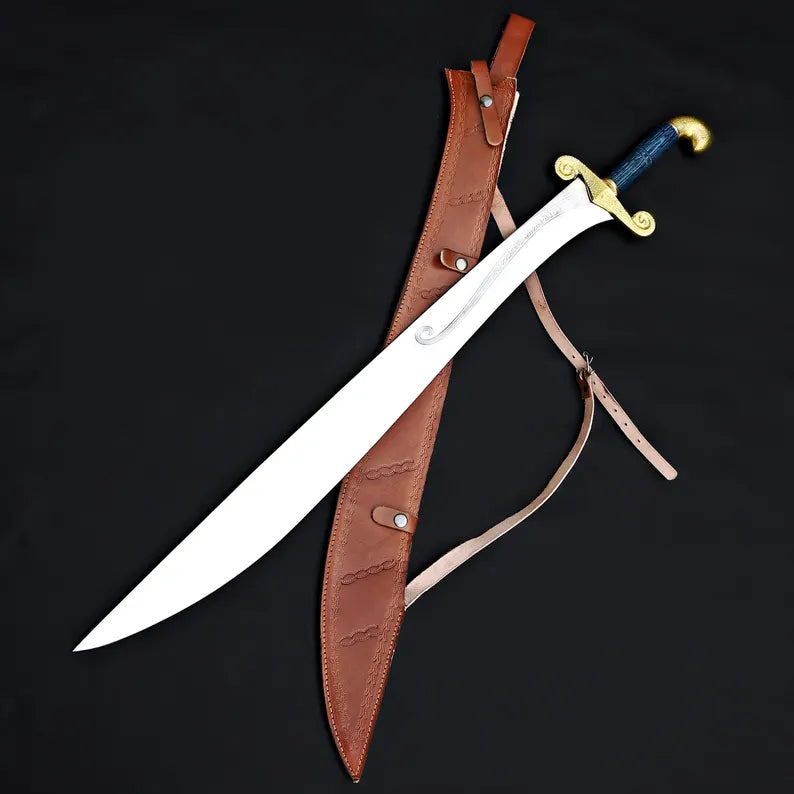 Handmade Fantasy Warrior Sword – Curved J2 Steel Blade with Brass Guard & Leather Sheath