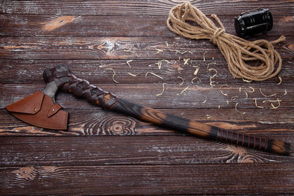 Nordic Raider Axe – Handmade Carbon Steel Forest Hatchet with Carved Ash Wood Handle Arham Cutlery