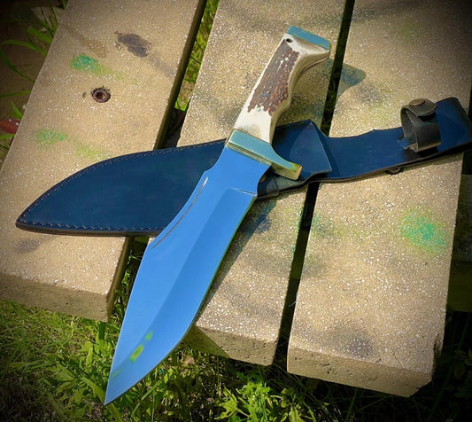 Handmade High Carbon Steel Bowie Hunting Knife with Stag Horn Handle & Leather Sheath | Arham Cutlery