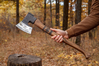 Nordic Forest Camp Axe – Handmade Carbon Steel Hiking Hatchet with Carved Ash Handle Arham Cutlery