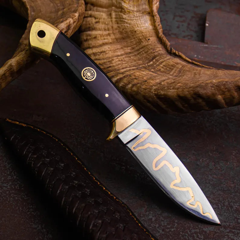 Handmade Hunting Knife with Brass Inlay Blade – Stainless Steel Fixed Blade Knife, Gloss Handle with Leather Sheath - Arham Cutlery