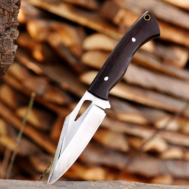 Handmade Bushcraft Skinner Knife – 8" Full Tang High Carbon Steel Hunting Knife with Dark Wood Handle & Leather Sheath