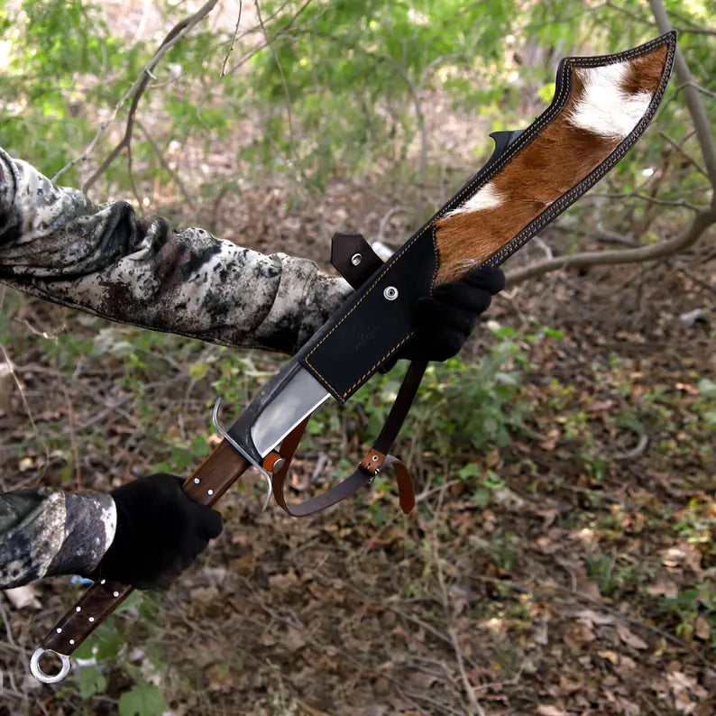 Handmade J2 Steel Long Blade Machete with Wood & Resin Handle | Hair-On Leather Sheath – Arham Cutlery