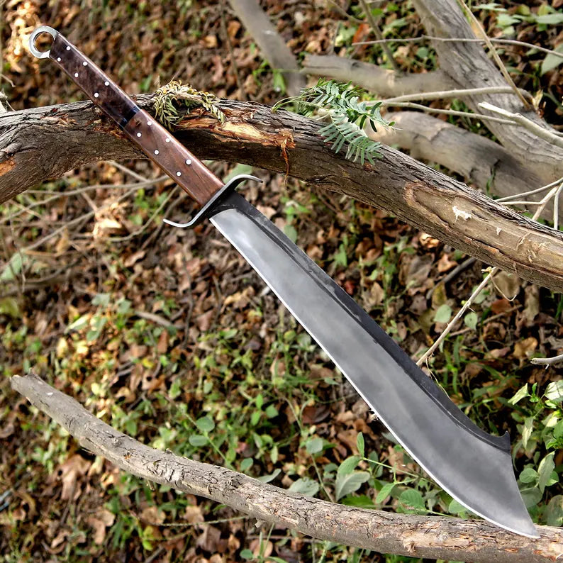 Handmade J2 Steel Long Blade Machete with Wood & Resin Handle | Hair-On Leather Sheath – Arham Cutlery