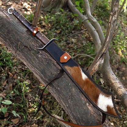 Handmade J2 Steel Long Blade Machete with Wood & Resin Handle | Hair-On Leather Sheath – Arham Cutlery