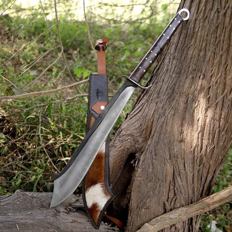 Handmade J2 Steel Long Blade Machete with Wood & Resin Handle | Hair-On Leather Sheath – Arham Cutlery