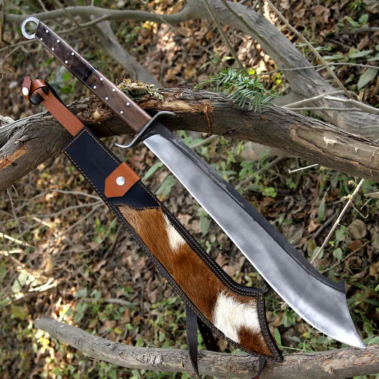 Handmade J2 Steel Long Blade Machete with Wood & Resin Handle | Hair-On Leather Sheath – Arham Cutlery