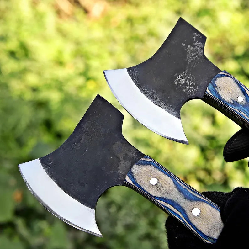 Handmade J2 Steel Mini Axe Set (Pair) – Pakka Wood Handles with Blue Leather Sheaths | Arham Cutlery