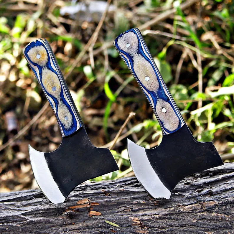 Handmade J2 Steel Mini Axe Set (Pair) – Pakka Wood Handles with Blue Leather Sheaths | Arham Cutlery