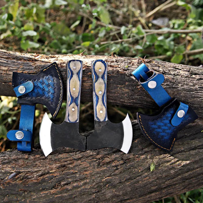 Handmade J2 Steel Mini Axe Set (Pair) – Pakka Wood Handles with Blue Leather Sheaths | Arham Cutlery