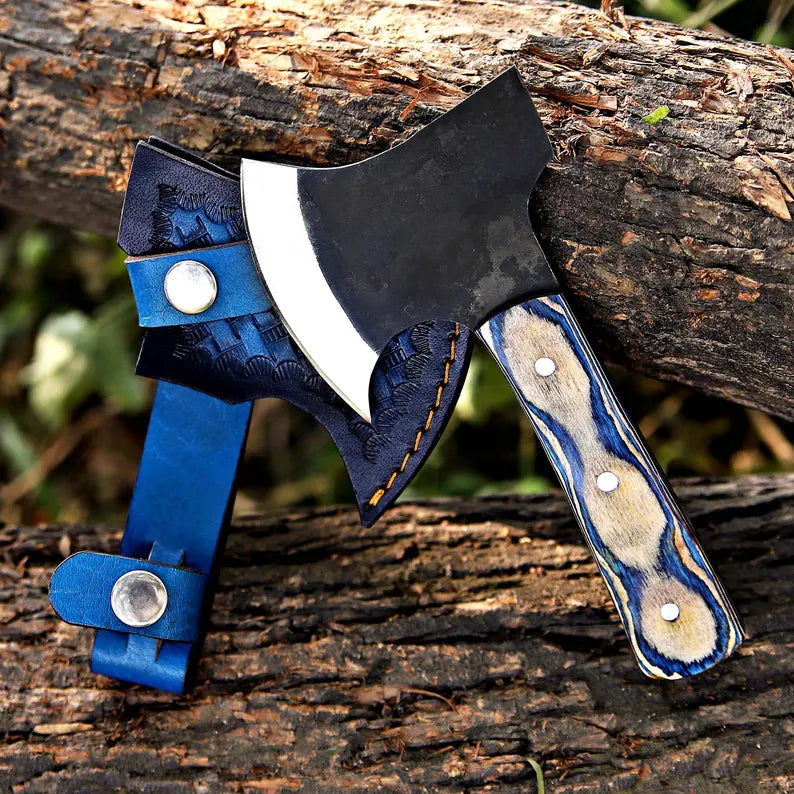 Handmade J2 Steel Mini Axe Set (Pair) – Pakka Wood Handles with Blue Leather Sheaths | Arham Cutlery