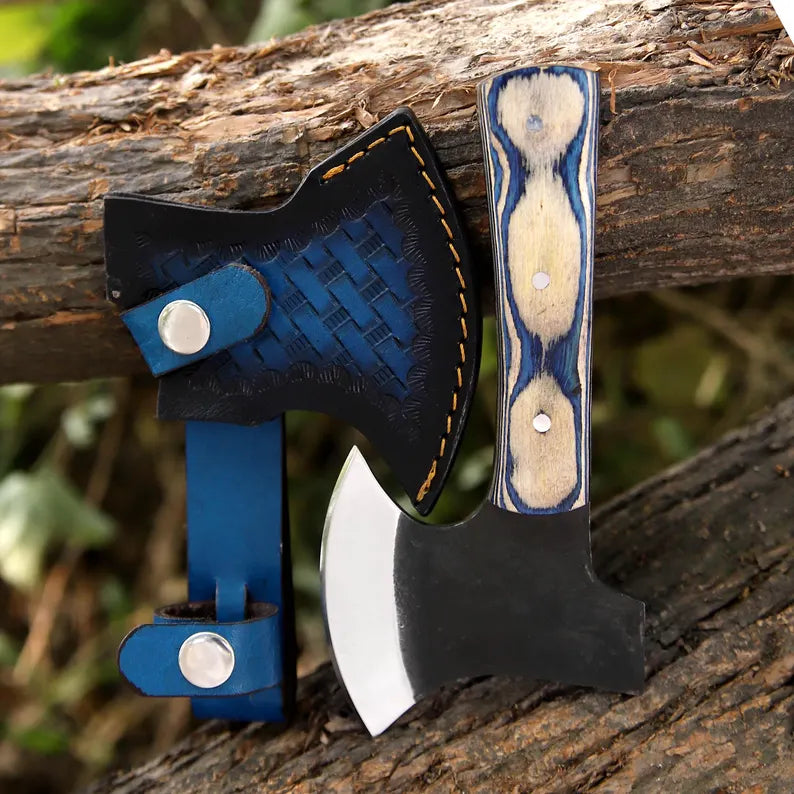 Handmade J2 Steel Mini Axe Set (Pair) – Pakka Wood Handles with Blue Leather Sheaths | Arham Cutlery