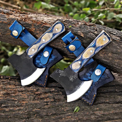 Handmade J2 Steel Mini Axe Set (Pair) – Pakka Wood Handles with Blue Leather Sheaths | Arham Cutlery