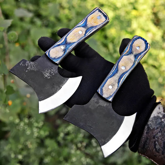 Handmade J2 Steel Mini Axe Set (Pair) – Pakka Wood Handles with Blue Leather Sheaths | Arham Cutlery