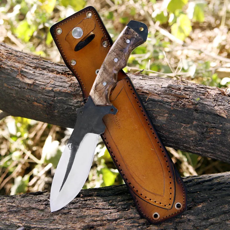 Handmade J2 Steel Skinner Knife – Full Tang Blade with Olive Wood Handle & Leather Sheath