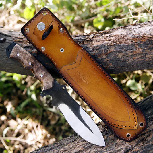 Handmade J2 Steel Skinner Knife – Full Tang Blade with Olive Wood Handle & Leather Sheath