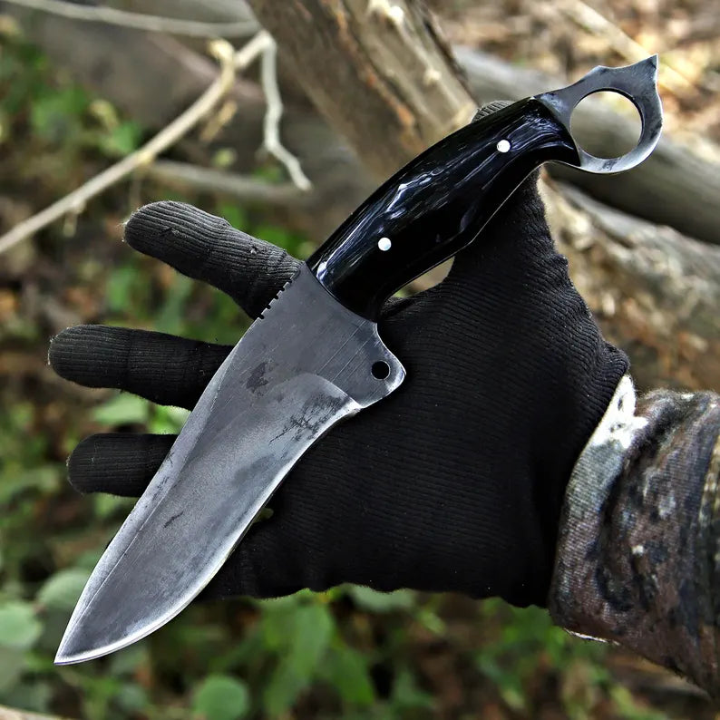 Handmade J2 Steel Cleaver-Style Survival Knife with Ring Pommel & Leather Sheath | Full Tang – Arham Cutlery