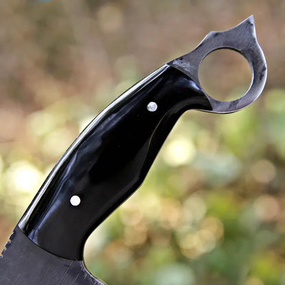 Handmade J2 Steel Cleaver-Style Survival Knife with Ring Pommel & Leather Sheath | Full Tang – Arham Cutlery
